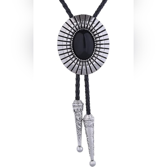 New silver black leather bolo tie. MANY others styles Available see all pictures - Picture 1 of 9